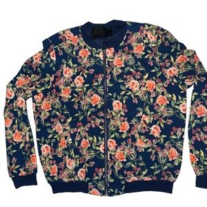 Sweetrain floral bomber jacket. Size medium young contemporary navy blue EUC